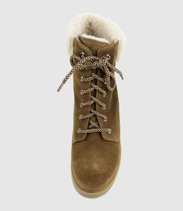 ZOOM Lace Up with Shearling in Walnut Suede