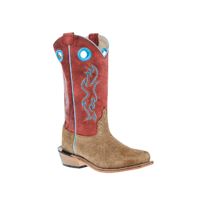 Old West Kid's Camel Suede Cutter Toe With Shaft Leather Sole Cloudy Red Boots