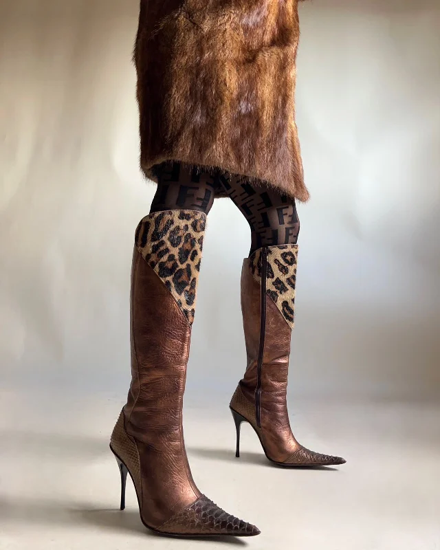 90s pointed leather leopard heeled boots