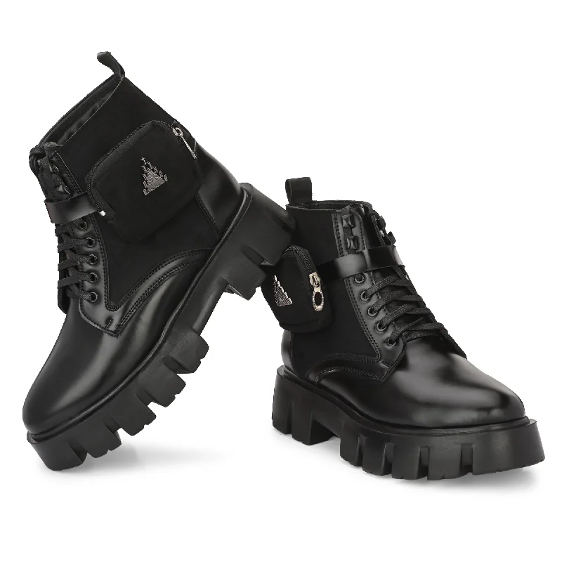 Attitudist Unisex Black Velvet Upper High Heels Pocket Boots