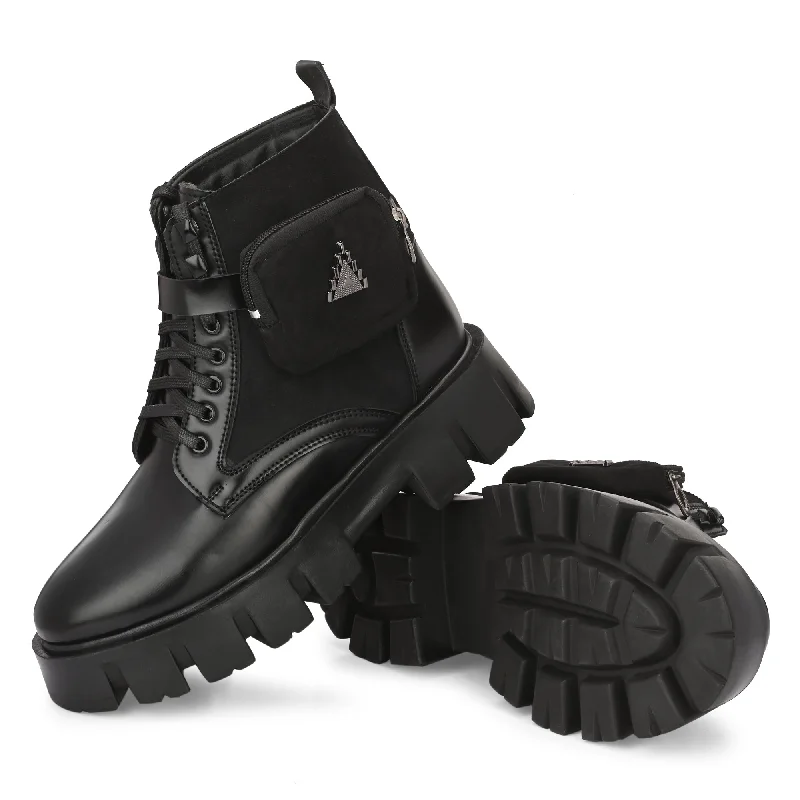 Attitudist Unisex Black Velvet Upper High Heels Pocket Boots