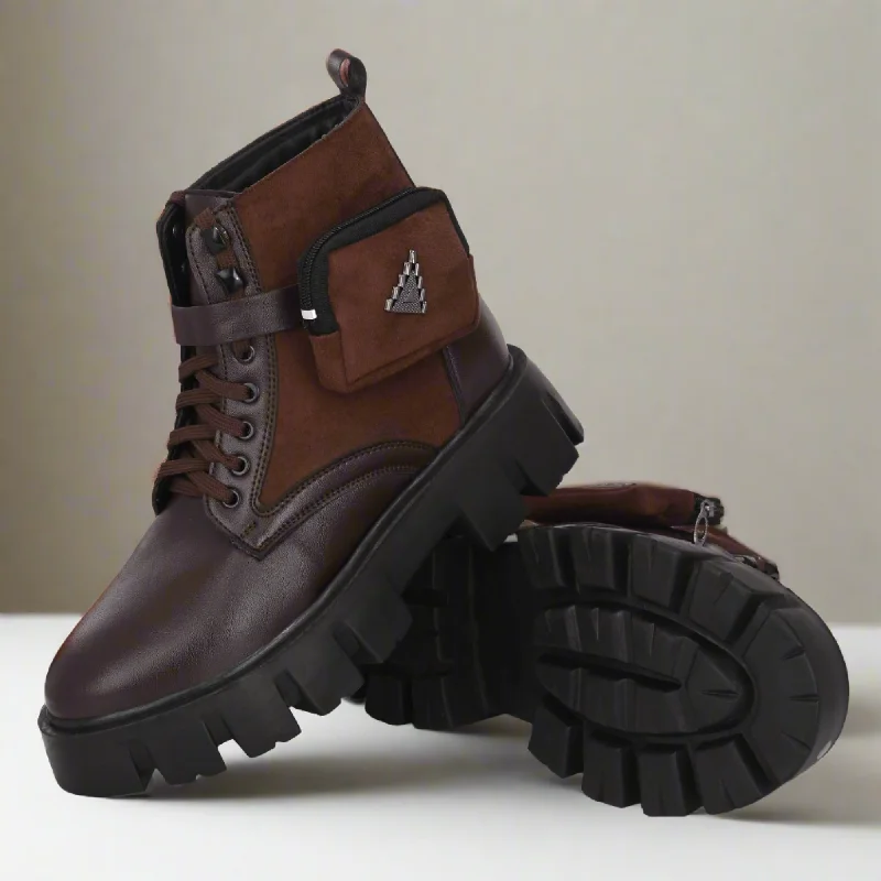 Attitudist Unisex Brown Velvet Upper High Heels Pocket Boots