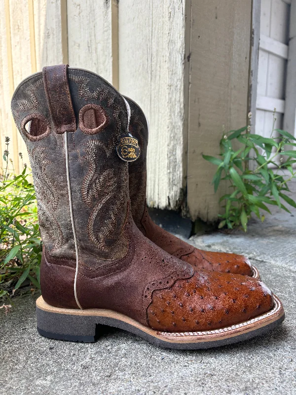 Dan Post Men's Martel Bay Apache & Tan Ostrich Saddle Vamp Square Toe Cowboy Boots DP6058