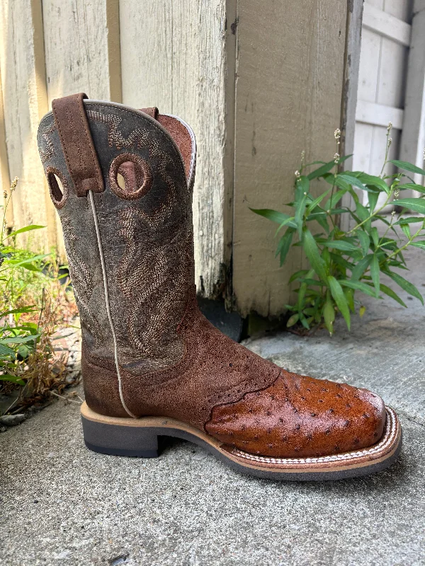 Dan Post Men's Martel Bay Apache & Tan Ostrich Saddle Vamp Square Toe Cowboy Boots DP6058