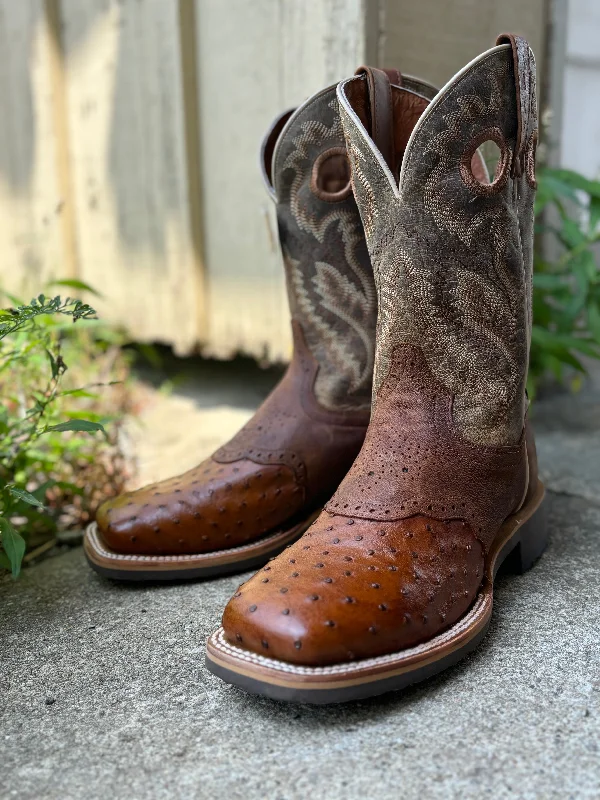 Dan Post Men's Martel Bay Apache & Tan Ostrich Saddle Vamp Square Toe Cowboy Boots DP6058