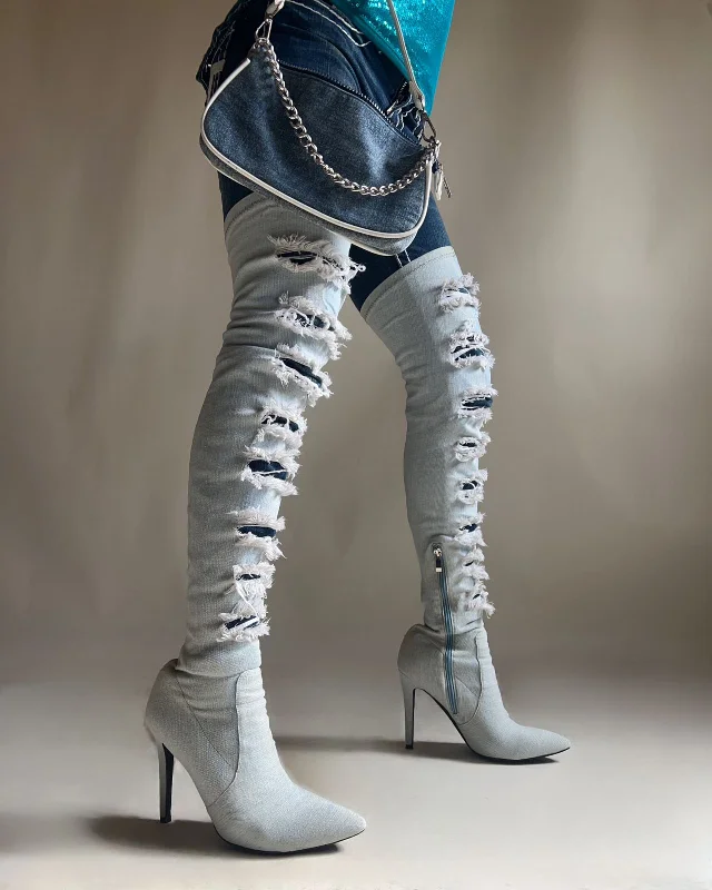 Denim ripped thigh high pointed heels