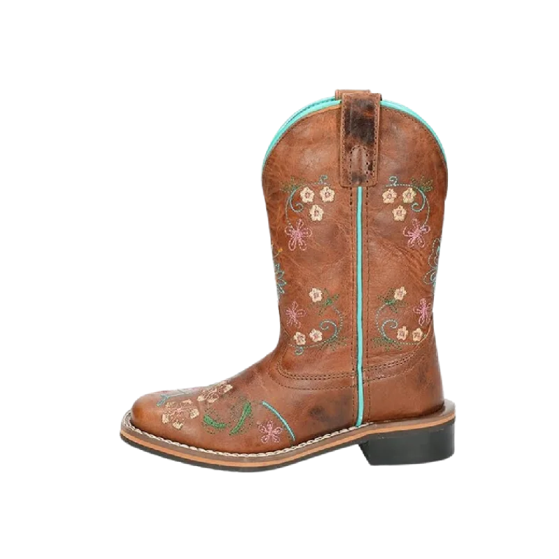 Smoky Mountain Kids Antique Tan with Floral Embroidery Leather Square Toe Boots