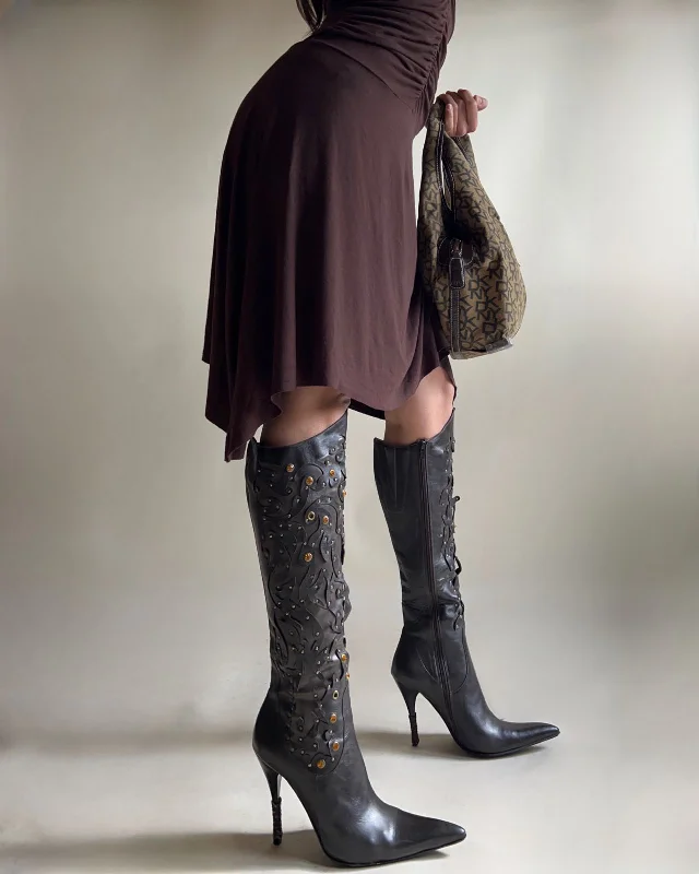 Leather pointed toe knee high heeled boots