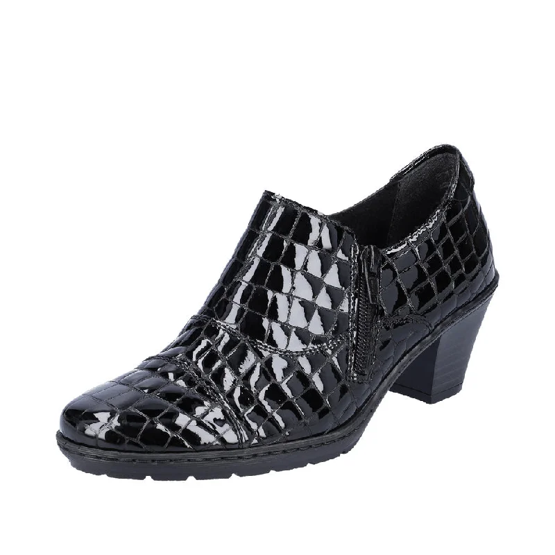 Rieker 57173-03 Ladies Black Patent Croc Leather Side Zip Heels