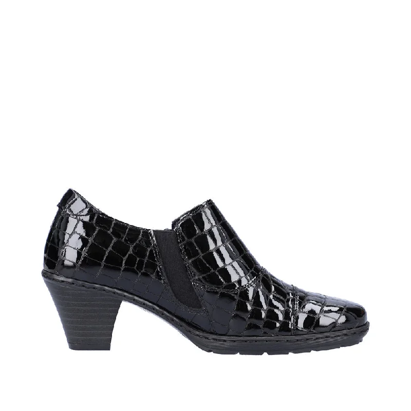 Rieker 57173-03 Ladies Black Patent Croc Leather Side Zip Heels