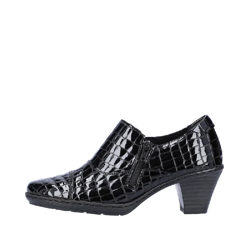 Rieker 57173-03 Ladies Black Patent Croc Leather Side Zip Heels