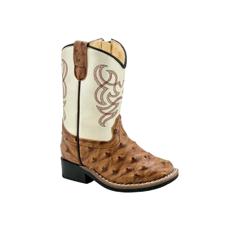 Old West Kid's Western Zipper Leatherette Brown White Boots