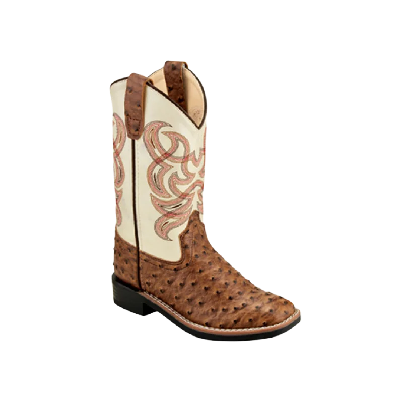 Old West Kid's Ostrich Print Square Toe Brown Boots