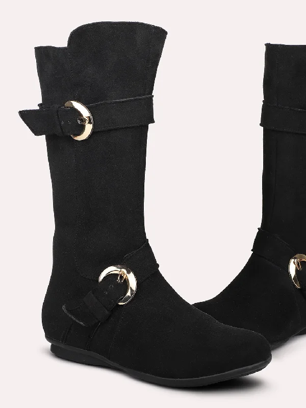 Women Black Knee High Boots With Buckle Detail