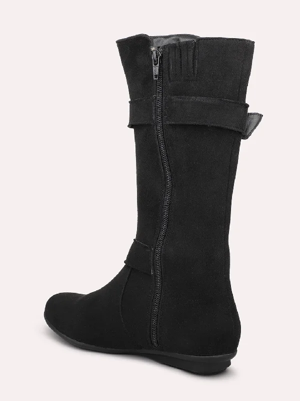 Women Black Knee High Boots With Buckle Detail