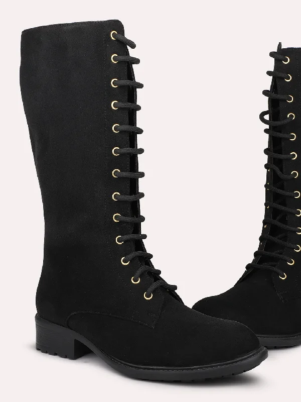 Women Black Lace Up Detail High Top Regular Boots