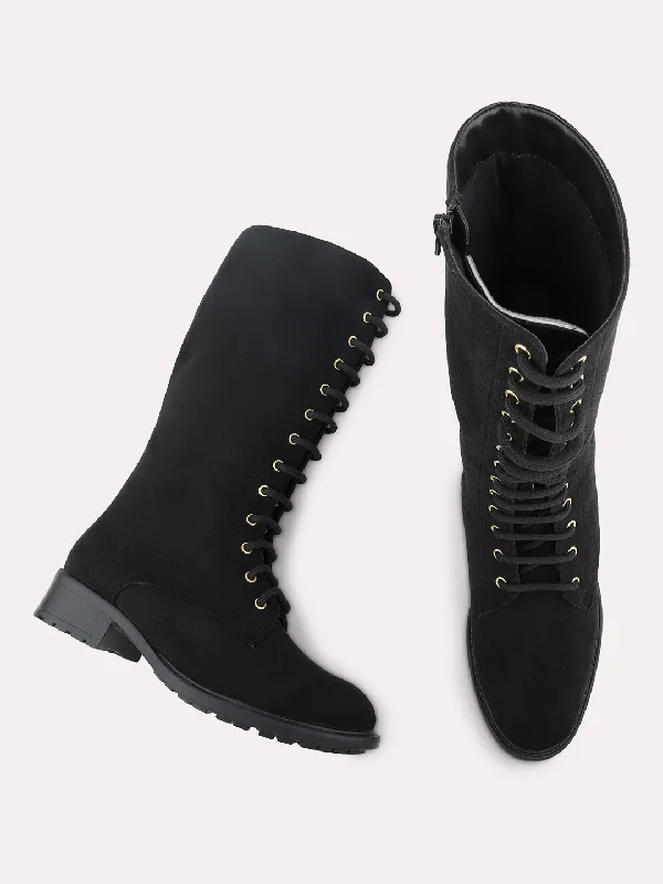 Women Black Lace Up Detail High Top Regular Boots