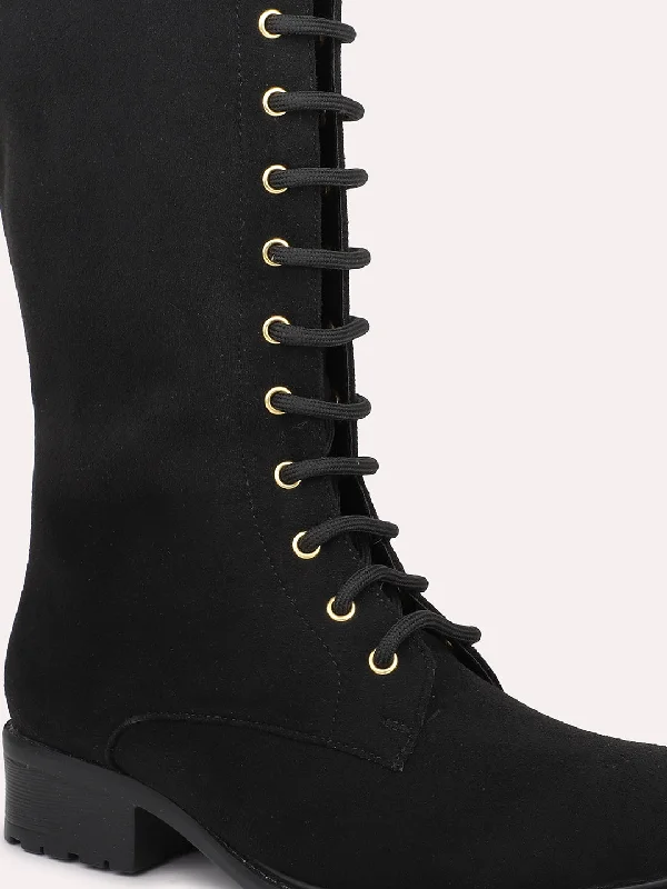 Women Black Lace Up Detail High Top Regular Boots