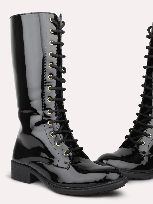 Women Black Lace Up Detail High Top Regular Boots