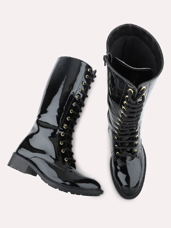 Women Black Lace Up Detail High Top Regular Boots