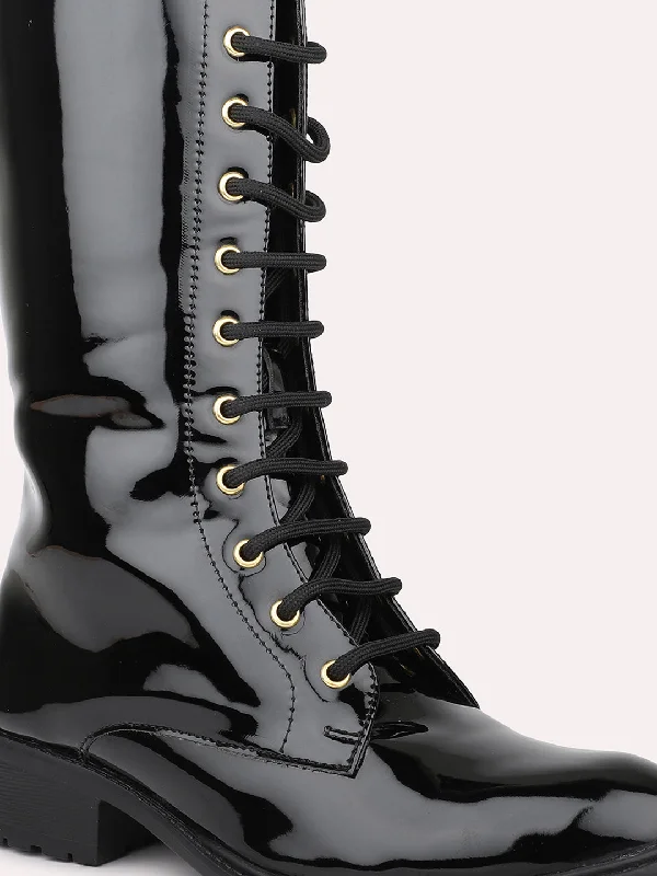 Women Black Lace Up Detail High Top Regular Boots