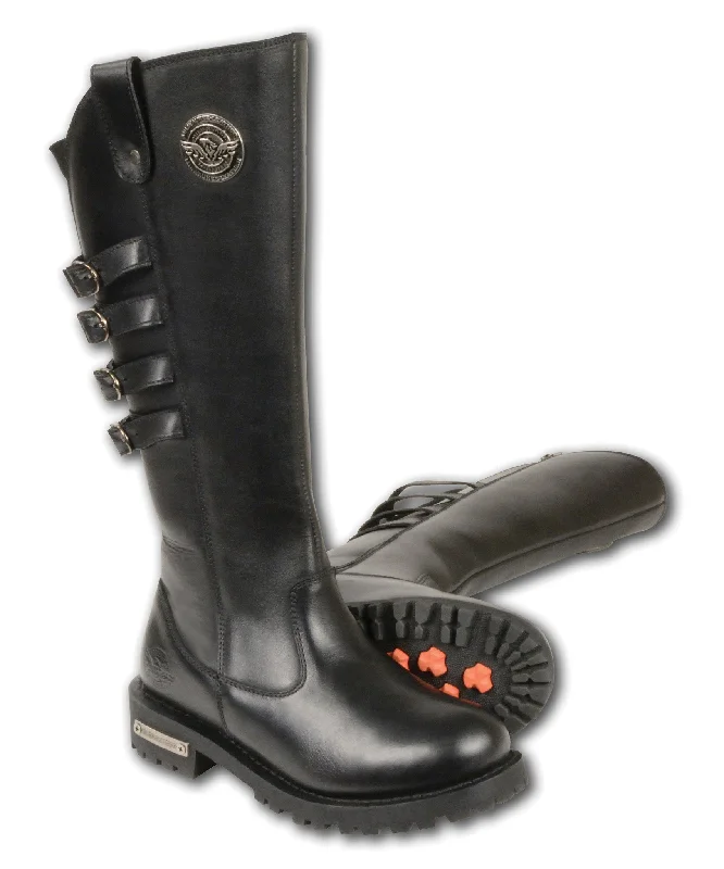 Women's Motorcycle Leather 15 inch High Rise Leather Boot with 4 Calf Buckles