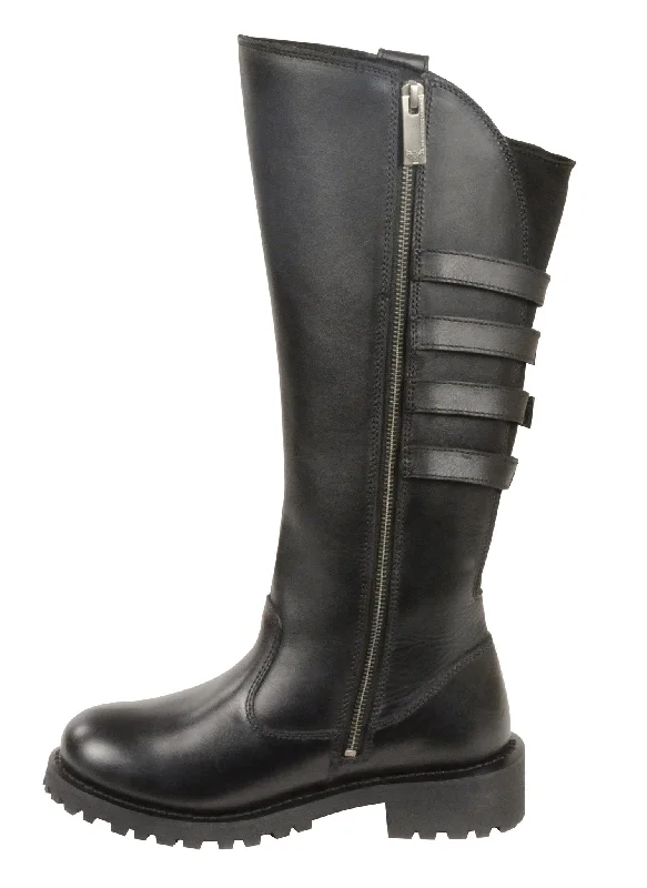 Women's Motorcycle Leather 15 inch High Rise Leather Boot with 4 Calf Buckles