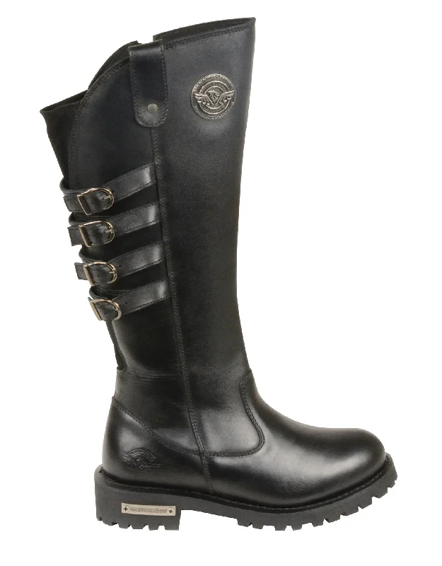 Women's Motorcycle Leather 15 inch High Rise Leather Boot with 4 Calf Buckles