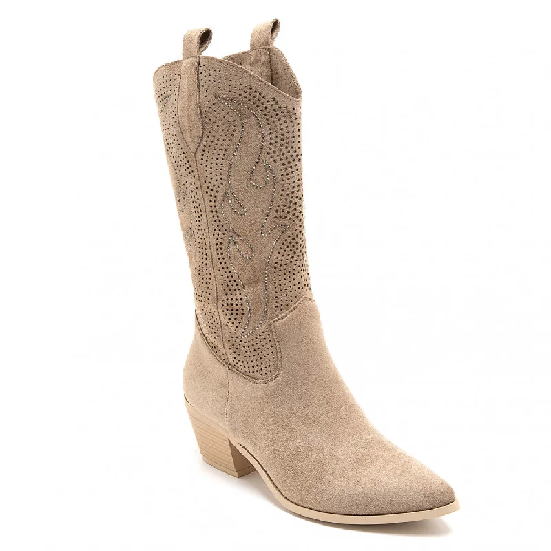 BOBBI NUDE FAUX SUEDE EMBELLISHED COWBOY BOOTS