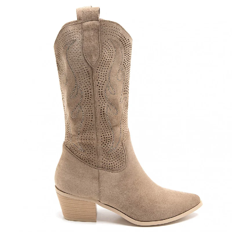 BOBBI NUDE FAUX SUEDE EMBELLISHED COWBOY BOOTS