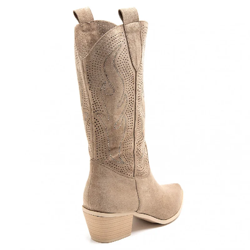 BOBBI NUDE FAUX SUEDE EMBELLISHED COWBOY BOOTS