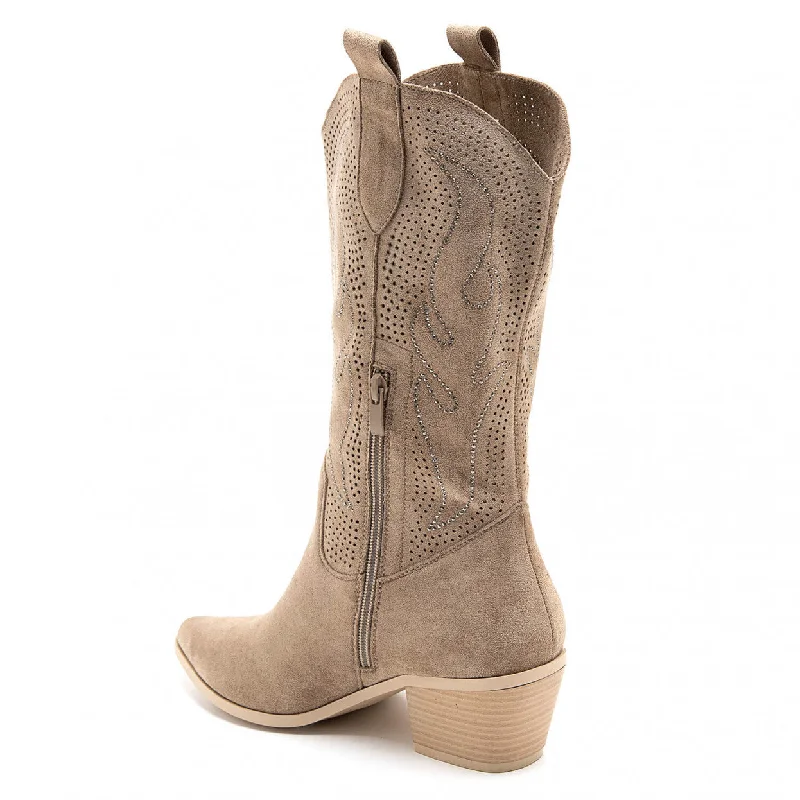 BOBBI NUDE FAUX SUEDE EMBELLISHED COWBOY BOOTS