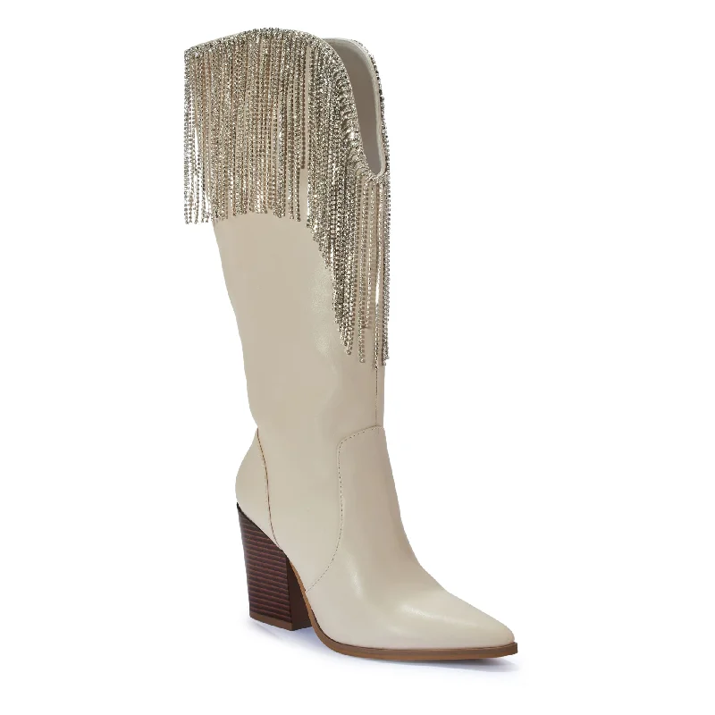 HOLDEM' BEIGE FAUX LEATHER DIAMANTE TASSEL KNEE HIGH COWBOY BOOTS