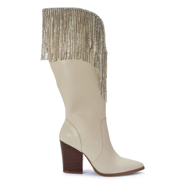 HOLDEM' BEIGE FAUX LEATHER DIAMANTE TASSEL KNEE HIGH COWBOY BOOTS