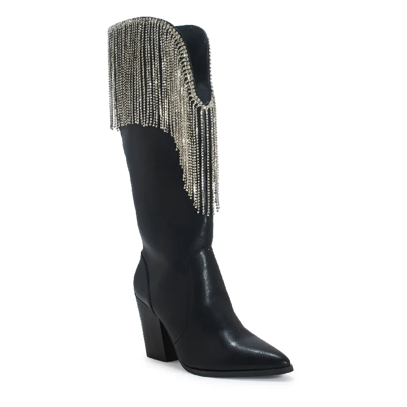 HOLDEM' BLACK FAUX LEATHER DIAMANTE TASSEL KNEE HIGH COWBOY BOOTS