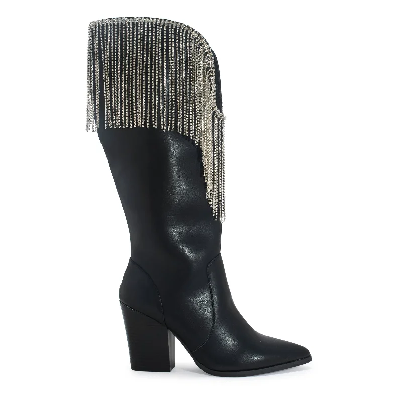 HOLDEM' BLACK FAUX LEATHER DIAMANTE TASSEL KNEE HIGH COWBOY BOOTS