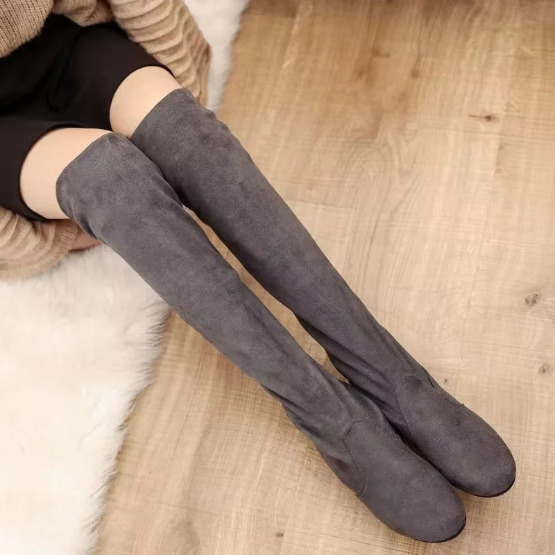 HOT New Arrival Women Boots Square Block Heel Fur Platform Winter Knee High Boots