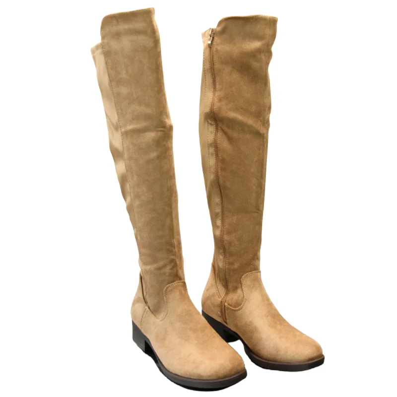 IVACHY Womens high knee boots flat zip closure elastic band Y68189 KHAKI