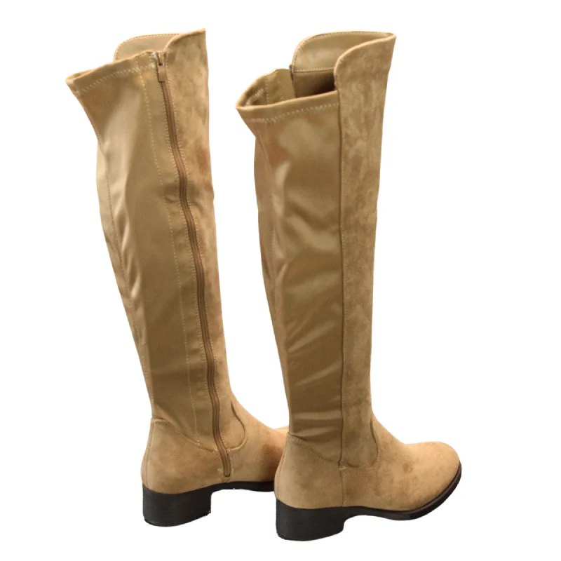 IVACHY Womens high knee boots flat zip closure elastic band Y68189 KHAKI