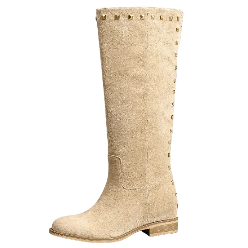 IVACHY Womens Flat Knee High Boots - Suede Shoes Studs A2357 BEIGE