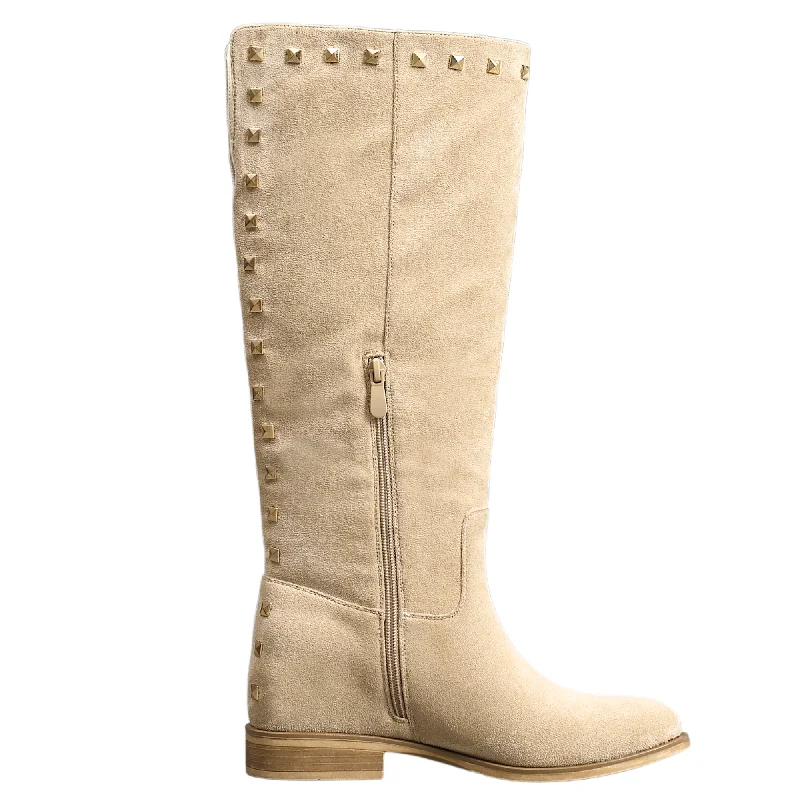 IVACHY Womens Flat Knee High Boots - Suede Shoes Studs A2357 BEIGE