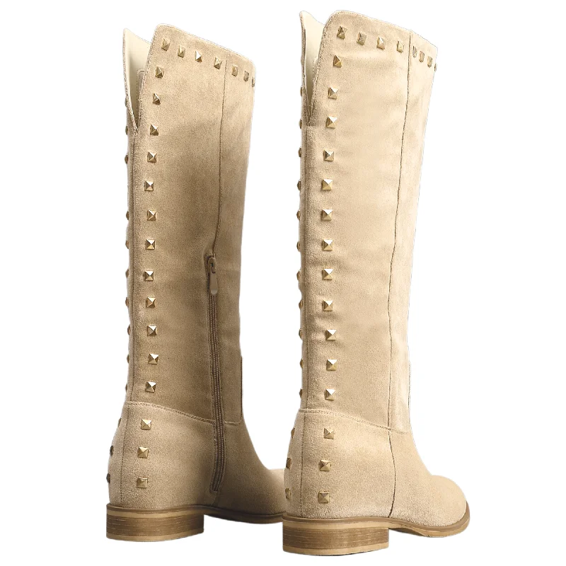 IVACHY Womens Flat Knee High Boots - Suede Shoes Studs A2357 BEIGE