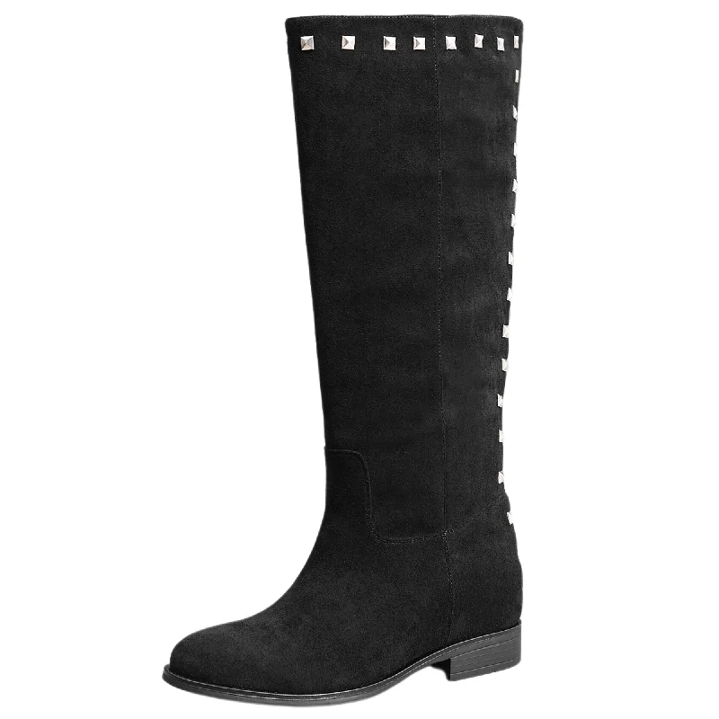 IVACHY  Womens Flat Knee High Boots - Suede Shoes Studs A2357 BLACK