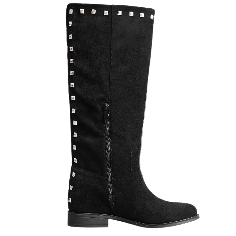 IVACHY  Womens Flat Knee High Boots - Suede Shoes Studs A2357 BLACK