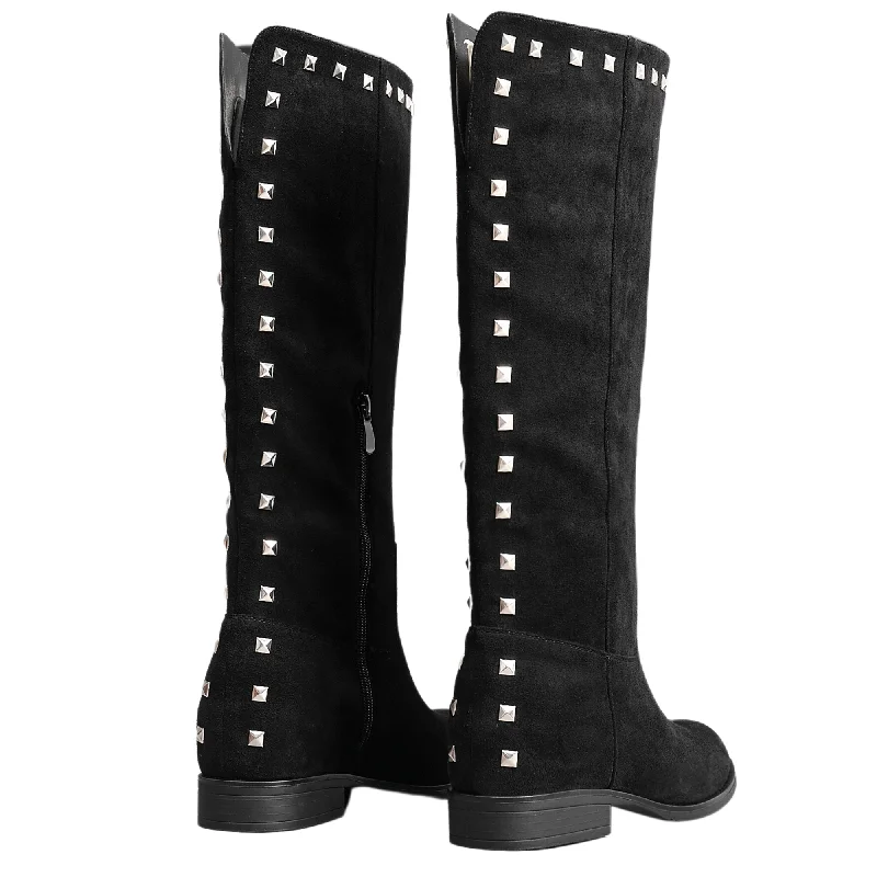 IVACHY  Womens Flat Knee High Boots - Suede Shoes Studs A2357 BLACK