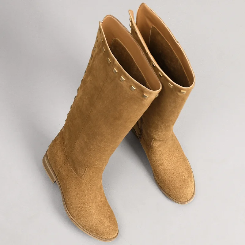 IVACHY Womens Flat Knee High Boots - Suede Shoes Studs  A2357 CAMEL