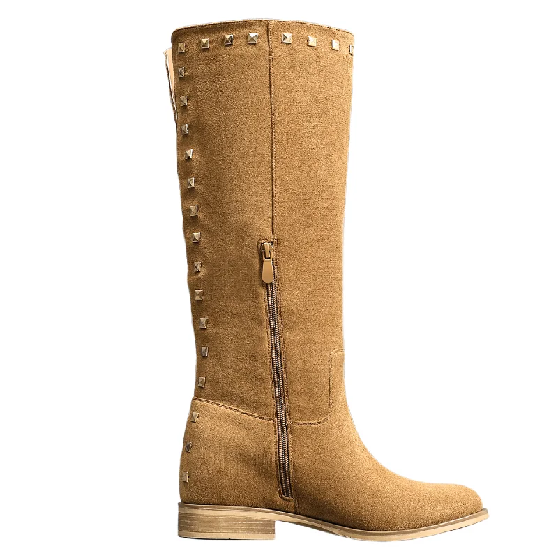 IVACHY Womens Flat Knee High Boots - Suede Shoes Studs  A2357 CAMEL