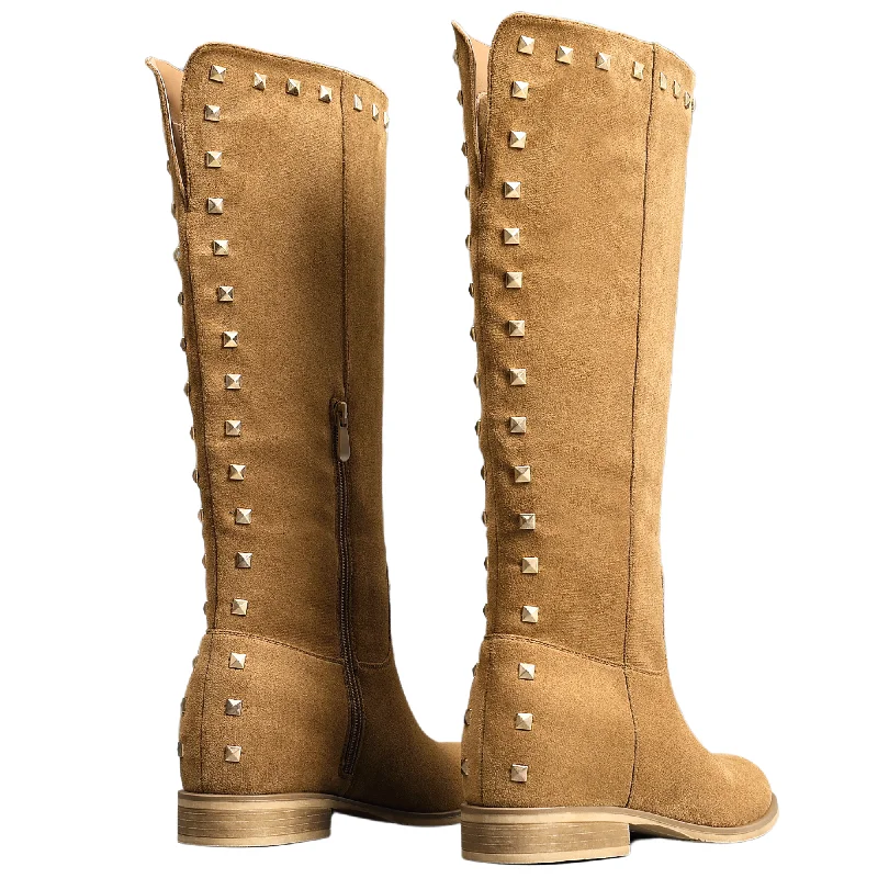 IVACHY Womens Flat Knee High Boots - Suede Shoes Studs  A2357 CAMEL