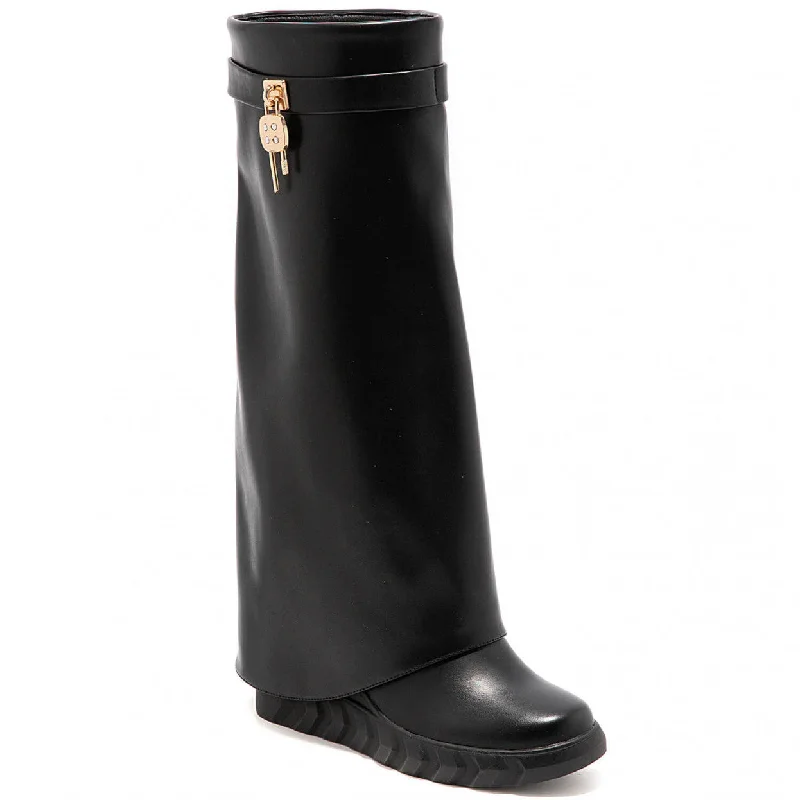 PAMMY BLACK WEDGE KNEE HIGH OVERLAP BOOTS