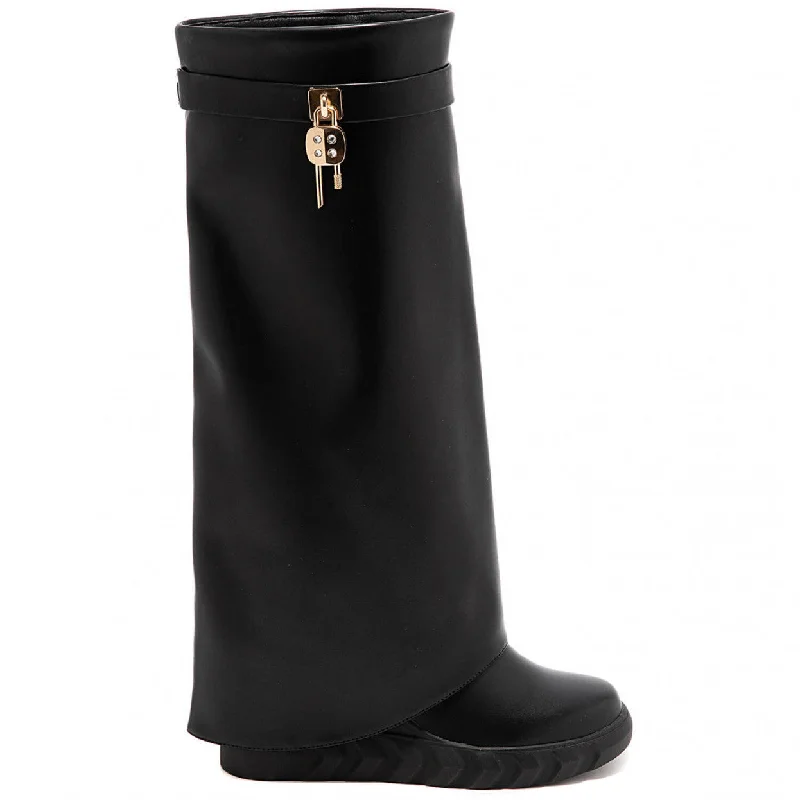 PAMMY BLACK WEDGE KNEE HIGH OVERLAP BOOTS